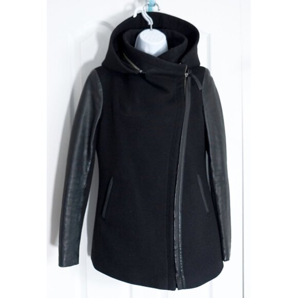 Mackage Odilia black wool and leather moto jacket w/ removable hood - Picture 4 of 11